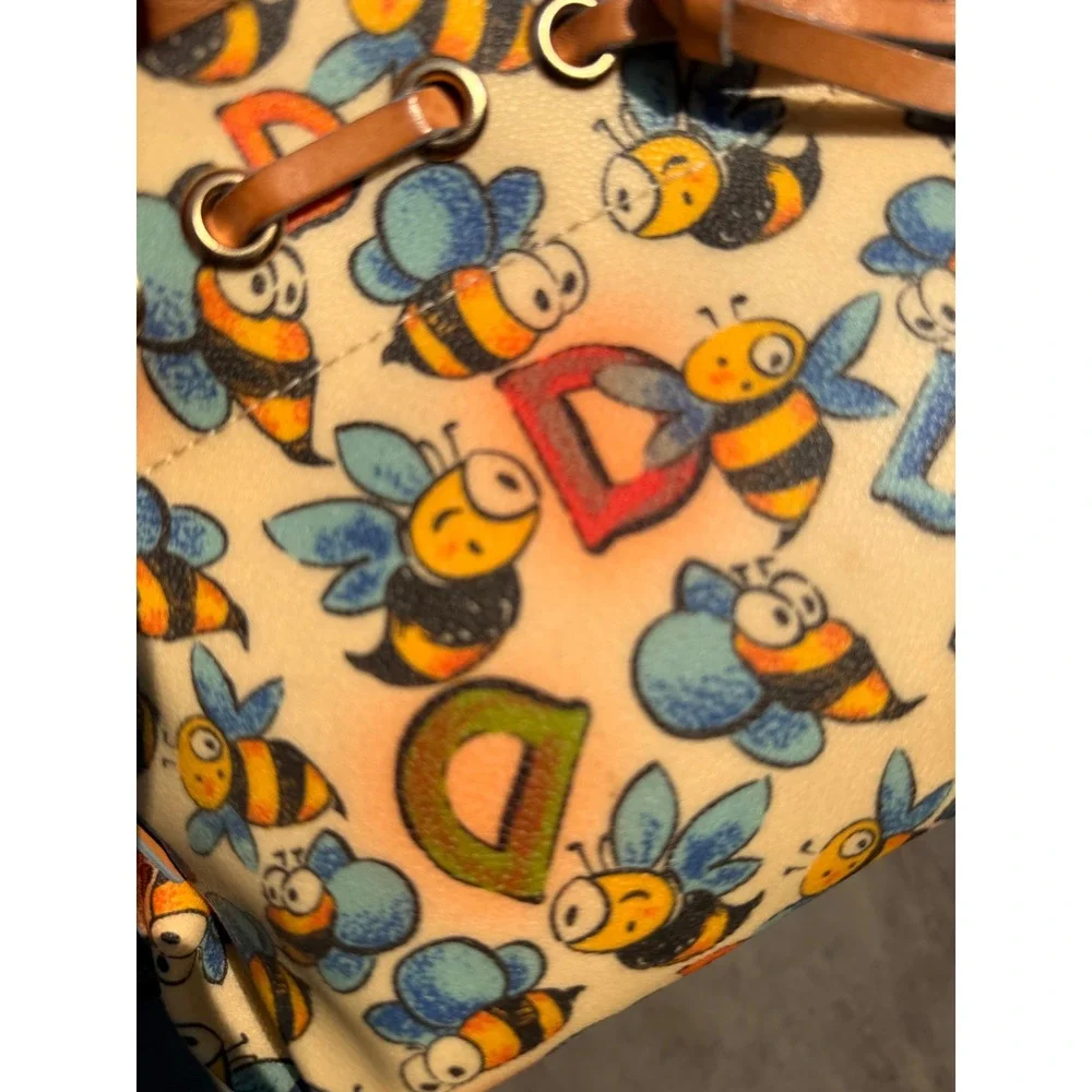 Dooney & Bourke Bumble Bee Print Coated Canvas Tote Bag Tan Leather Trim